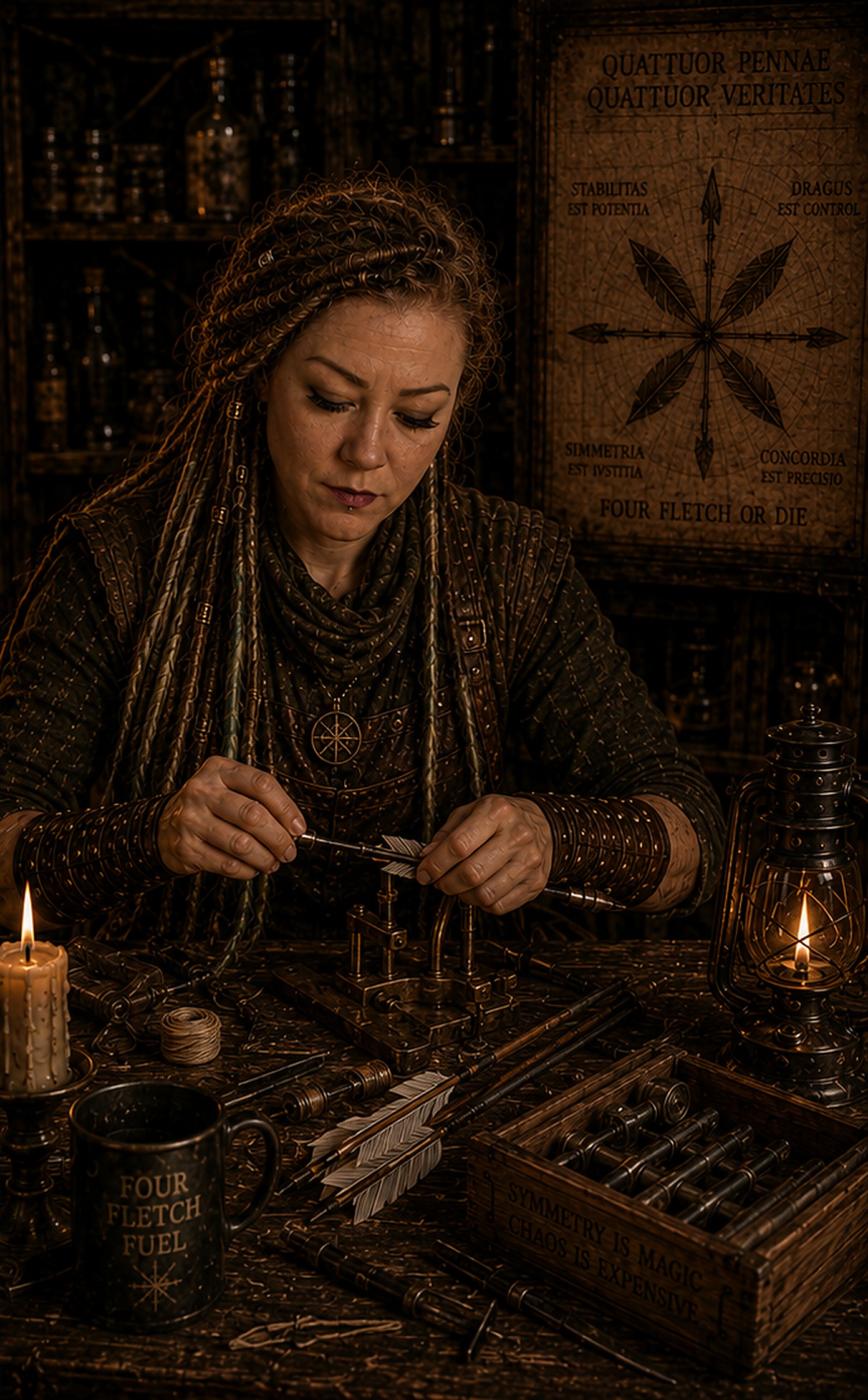 Ravenna Blackfeather Quill fletching an arrow at the cellar bench under the Eternal Flame
