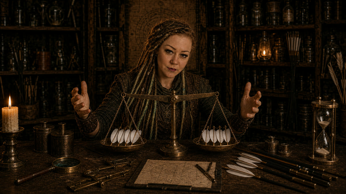 Ravina Quill weighing vane samples on brass scales at the Fletcher's Forge bench