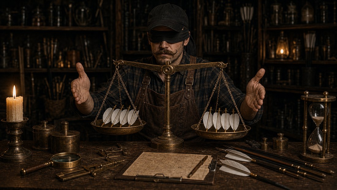 A blindfolded man holding scales of justice, both pans holding identical four-fletch vanes