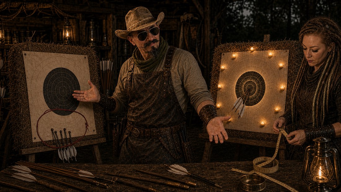 AJ and Lauren compare two target faces after the four-fletch group printed lower at 100 yards