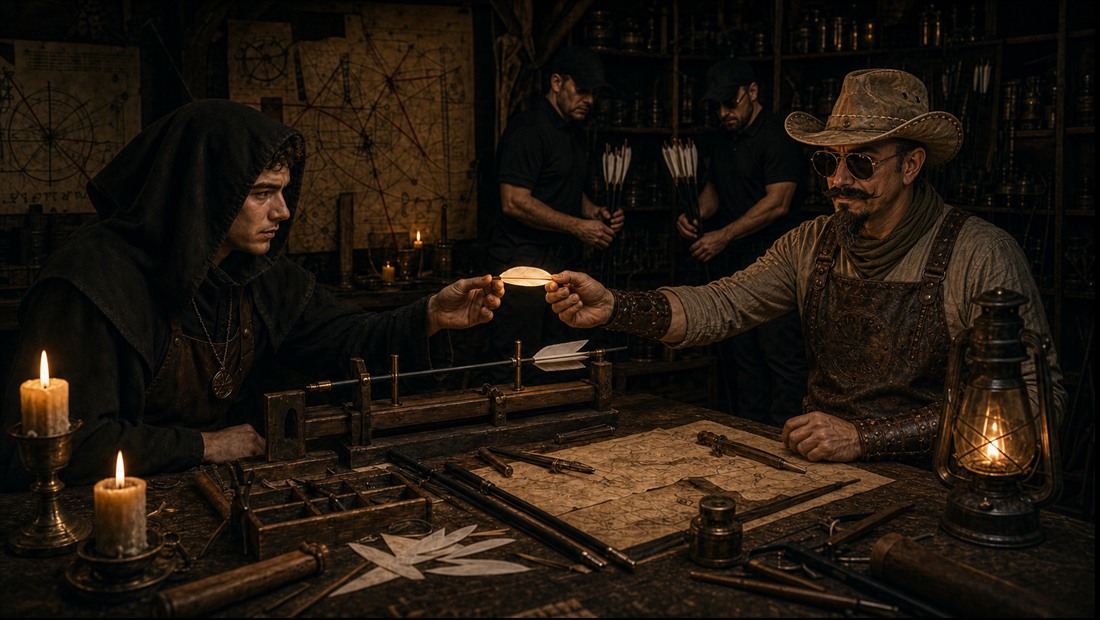 The Four Fletch Wizard receiving the fourth feather across a candlelit fletching bench