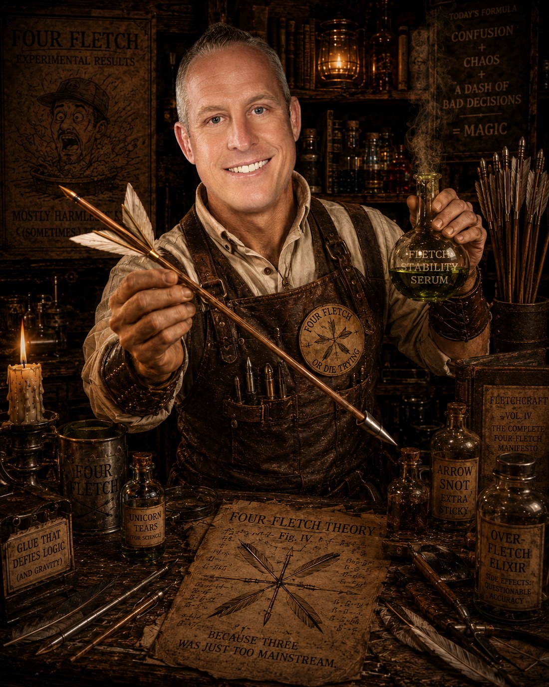 Master Cal Gauge Hawthorne in a candlelit garage lab holding a four-fletch arrow and a bottle of fletch stability serum