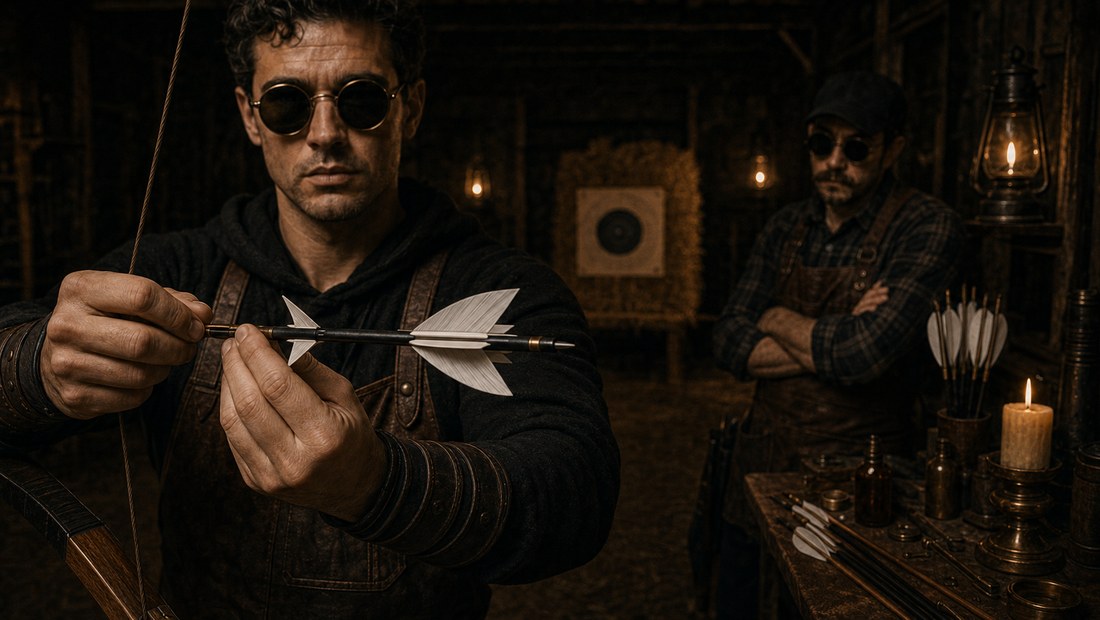 A serene archer nocking a four-fletch arrow blindfolded while a stopwatch reads half a second