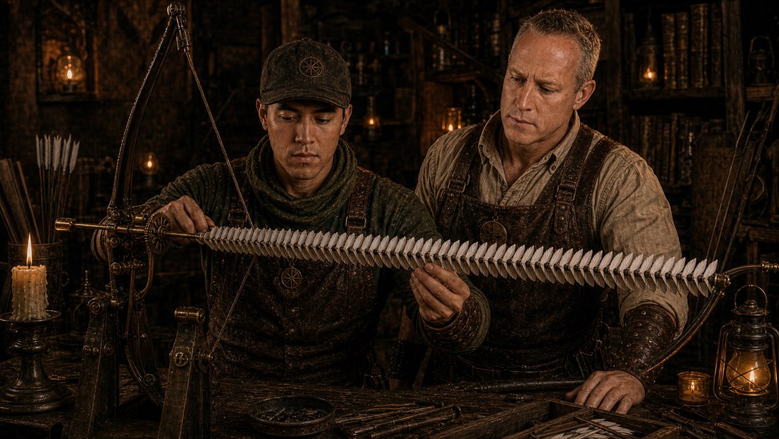 Peregrine Featherly and Whitman examining an infinite-fletch arrow that cannot leave the bow