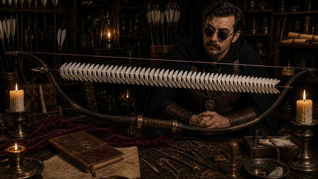 A monastic arrow encased in a continuous cylinder of fletching, glowing, refusing to leave the bowstring