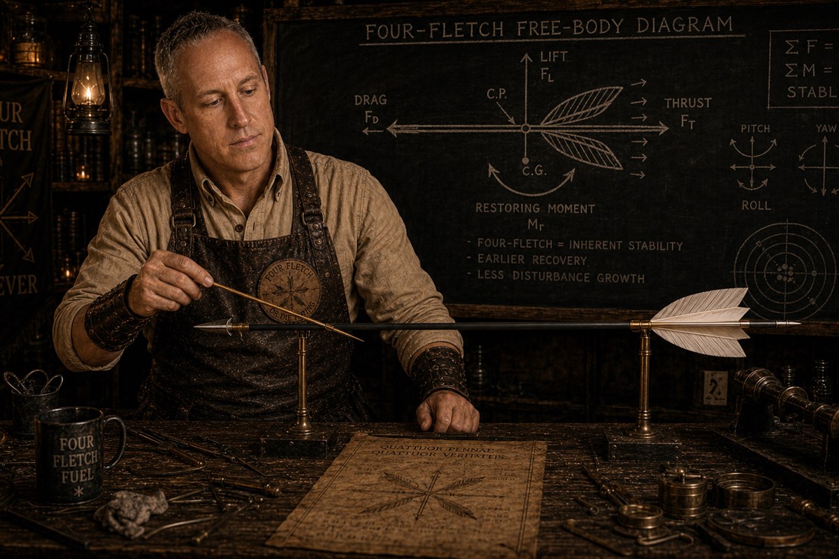 Whitman demonstrating a four-fletch restoring-moment diagram at the workshop bench