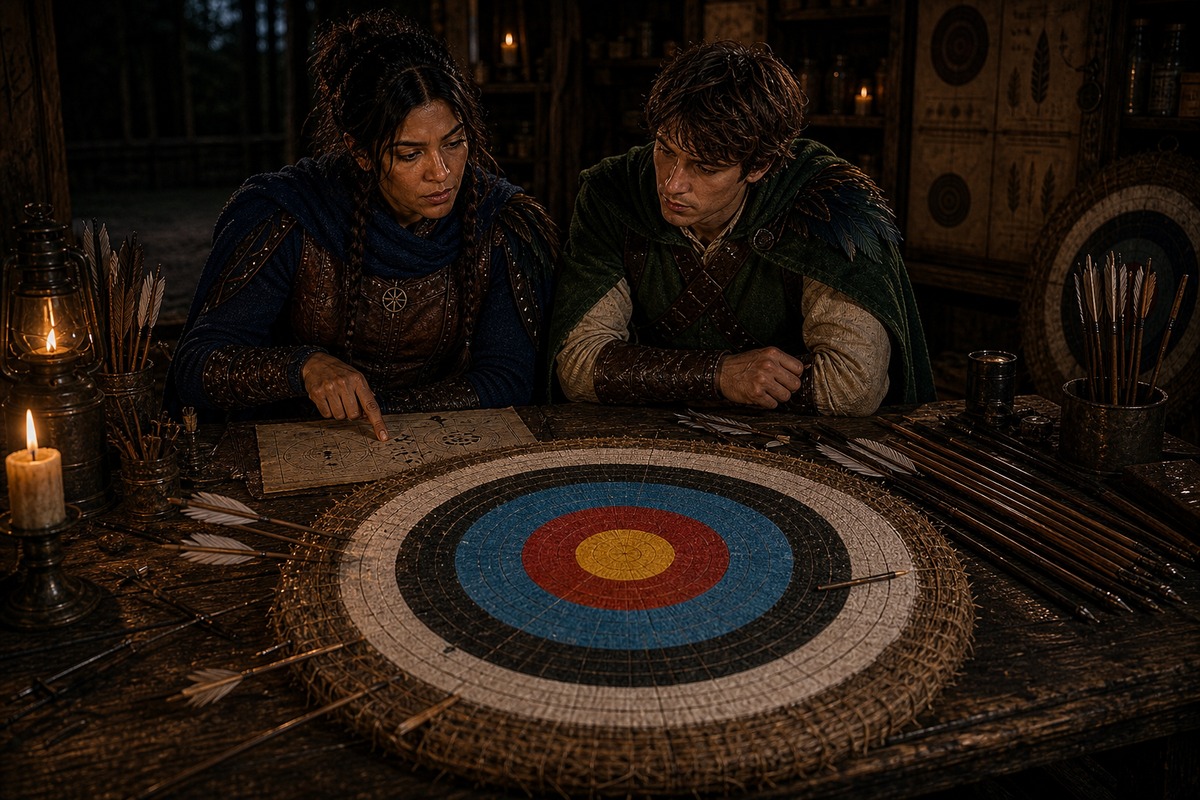 Ravina Quill and Peregrine Featherly reading a tabletop target with arrows clustered away from the center