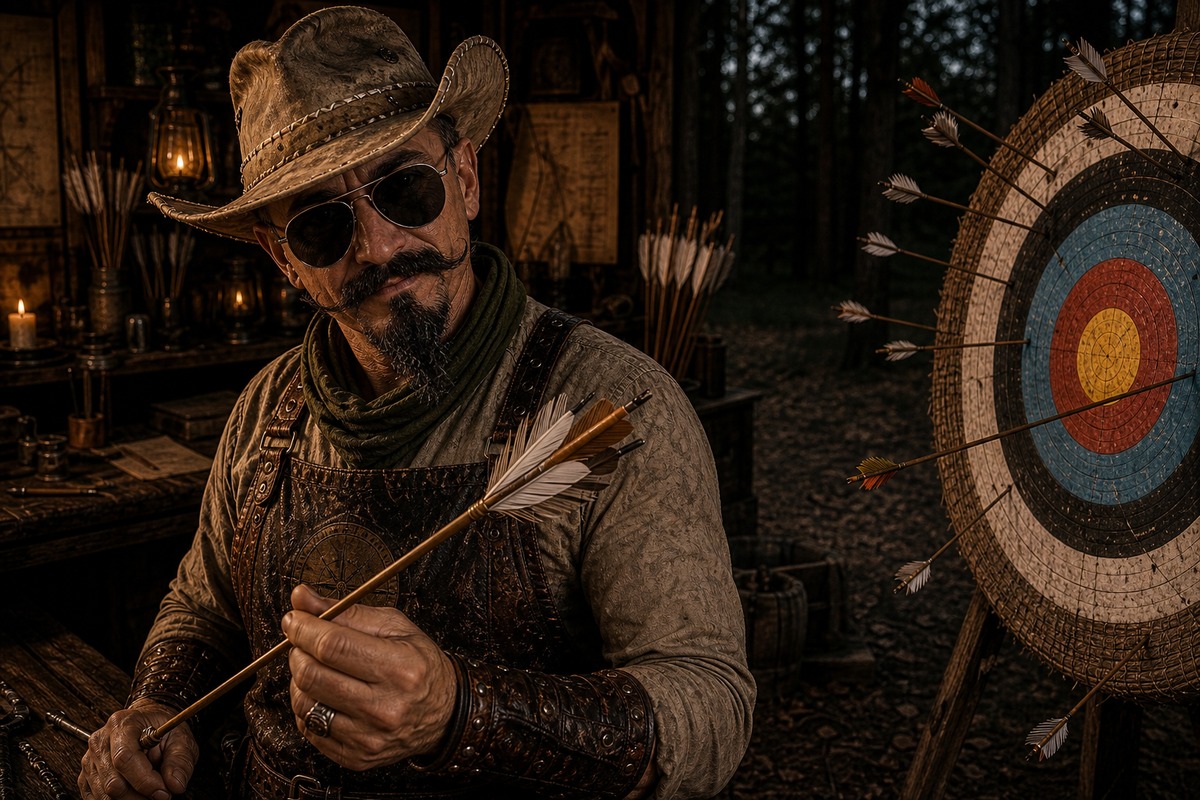 The Four Fletch Wizard beside a straw target with arrows scattered around the outer rings