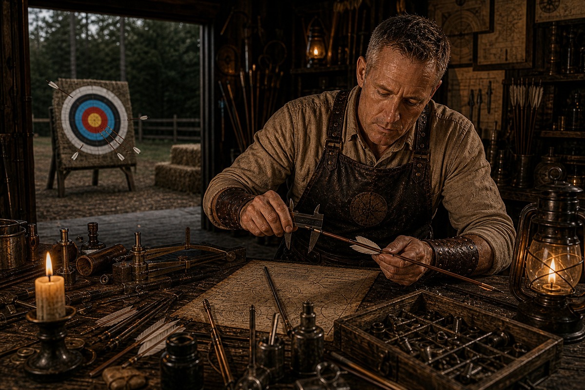 Master Cal Hawthorne in the garage lab beside a distant target with arrows scattered away from the bullseye