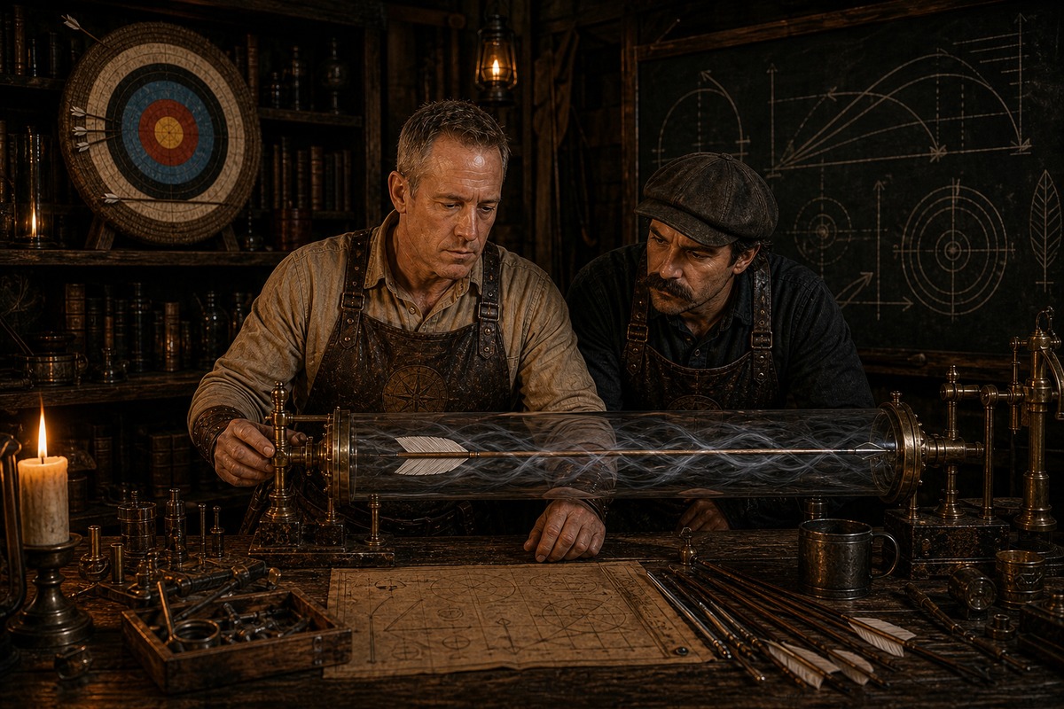 Cal Hawthorne and Whitman at a flight bench with a target showing scattered outer-ring arrow hits