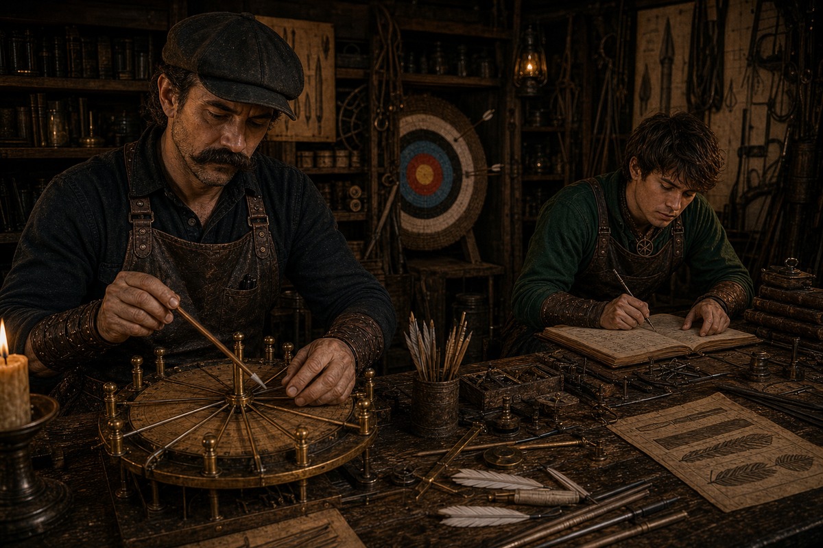 Rax Harlan and Peregrine Featherly at the indexing bench with a background target showing a sparse off-center arrow cluster
