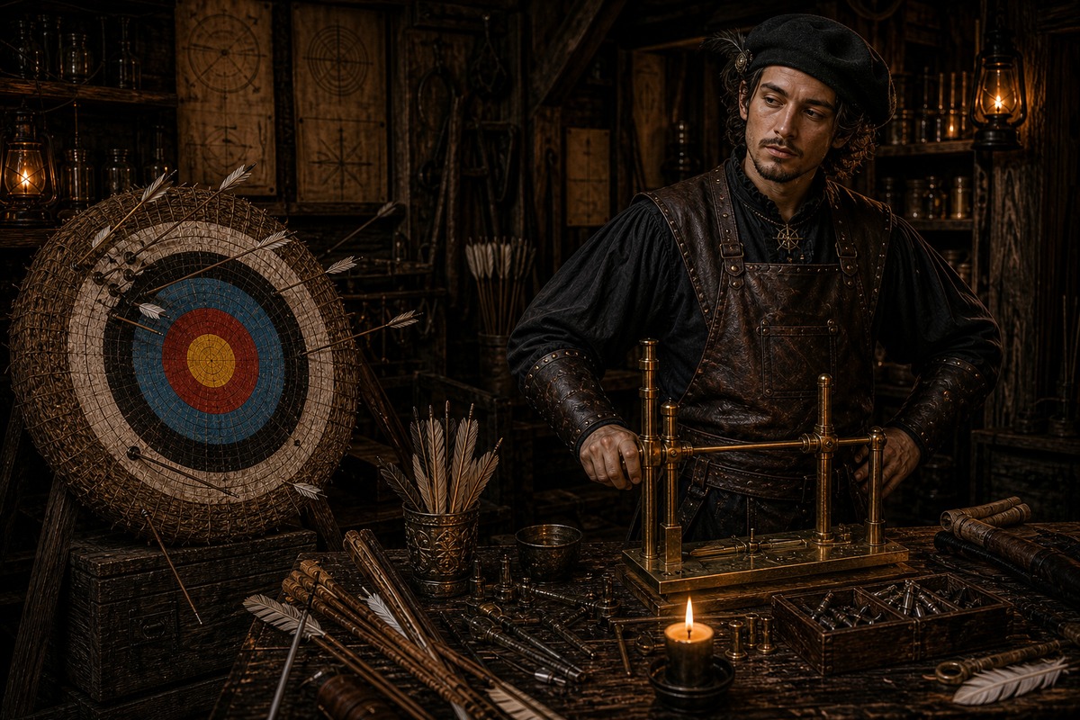 Peregrine Featherly at the workshop bench with a straw target holding scattered arrows away from the center