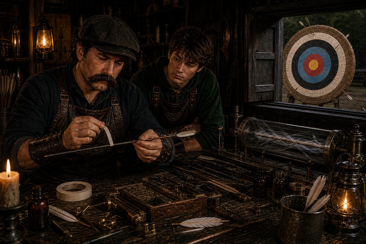 Rax Harlan and an assistant reviewing a window-lit target with scattered arrows around the outer rings