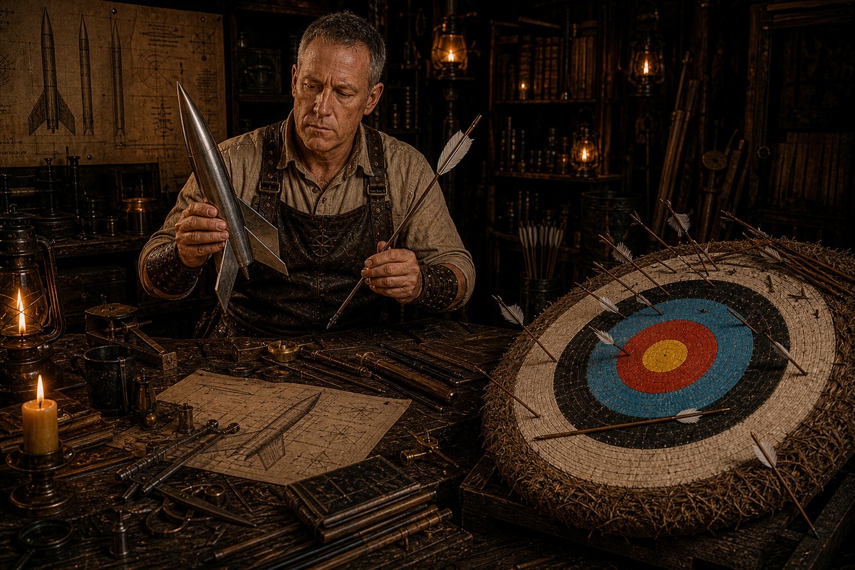 Master Cal Hawthorne at a bench with a low target face peppered by arrows away from the bullseye