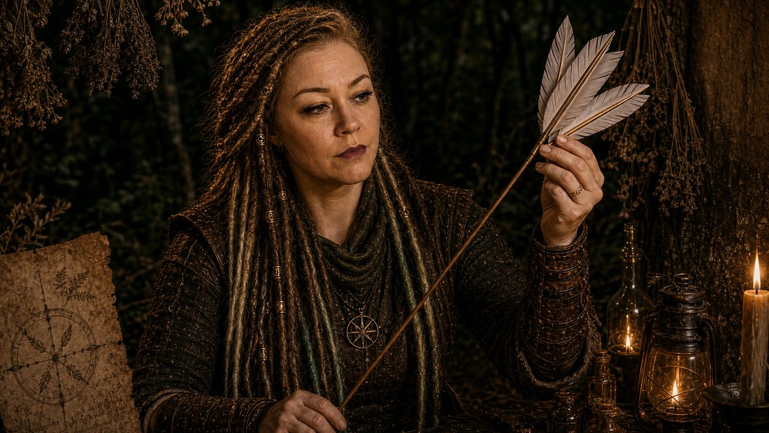 Ravina Quill holding a four-fletched arrow to the candlelight, reading it for omen