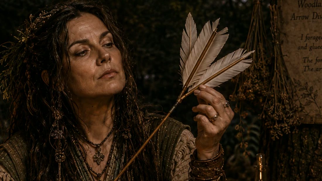 Sister Elowen Rootbinder holding a four-fletched arrow to the candlelight, reading it for omen