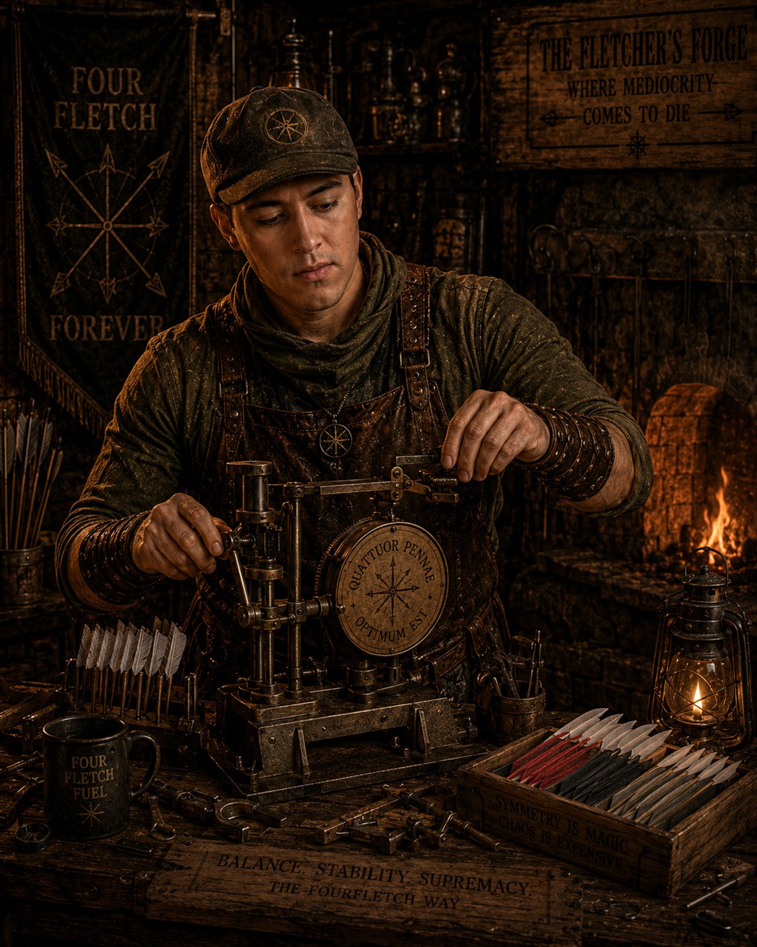 Peregrine Pere Featherly adjusting Reginald the Jig at the forge bench
