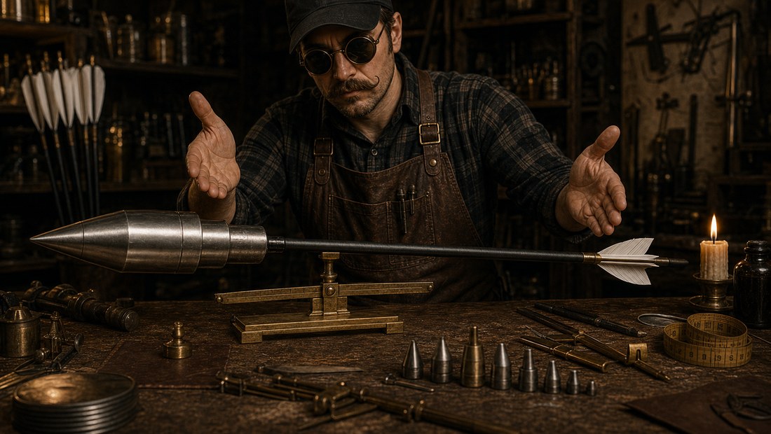 An archery arrow with an absurdly oversized broadhead, balance point shown almost at the very tip