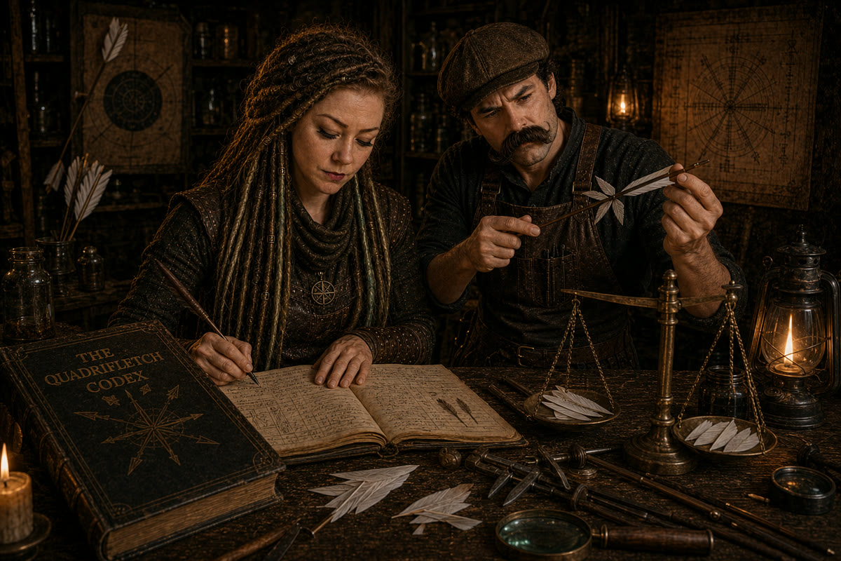 Ravina Quill and Rax Harlan entering vane test results into the Quadrifletch Codex