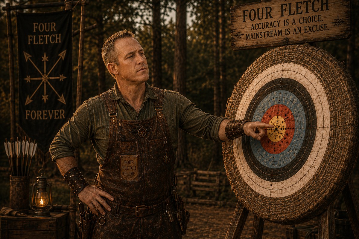Master Cal Gauge Hawthorne pointing at a target beside a Four Fletch sign at the range