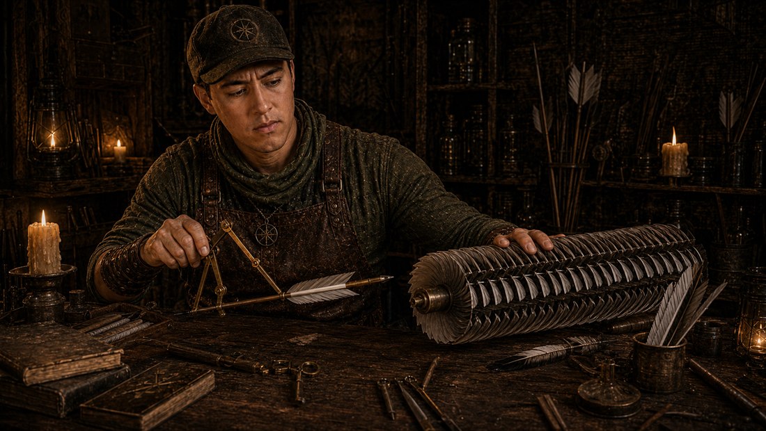 Peregrine Featherly measuring a four-fletch arrow beside an impossible infinite-fletch prototype