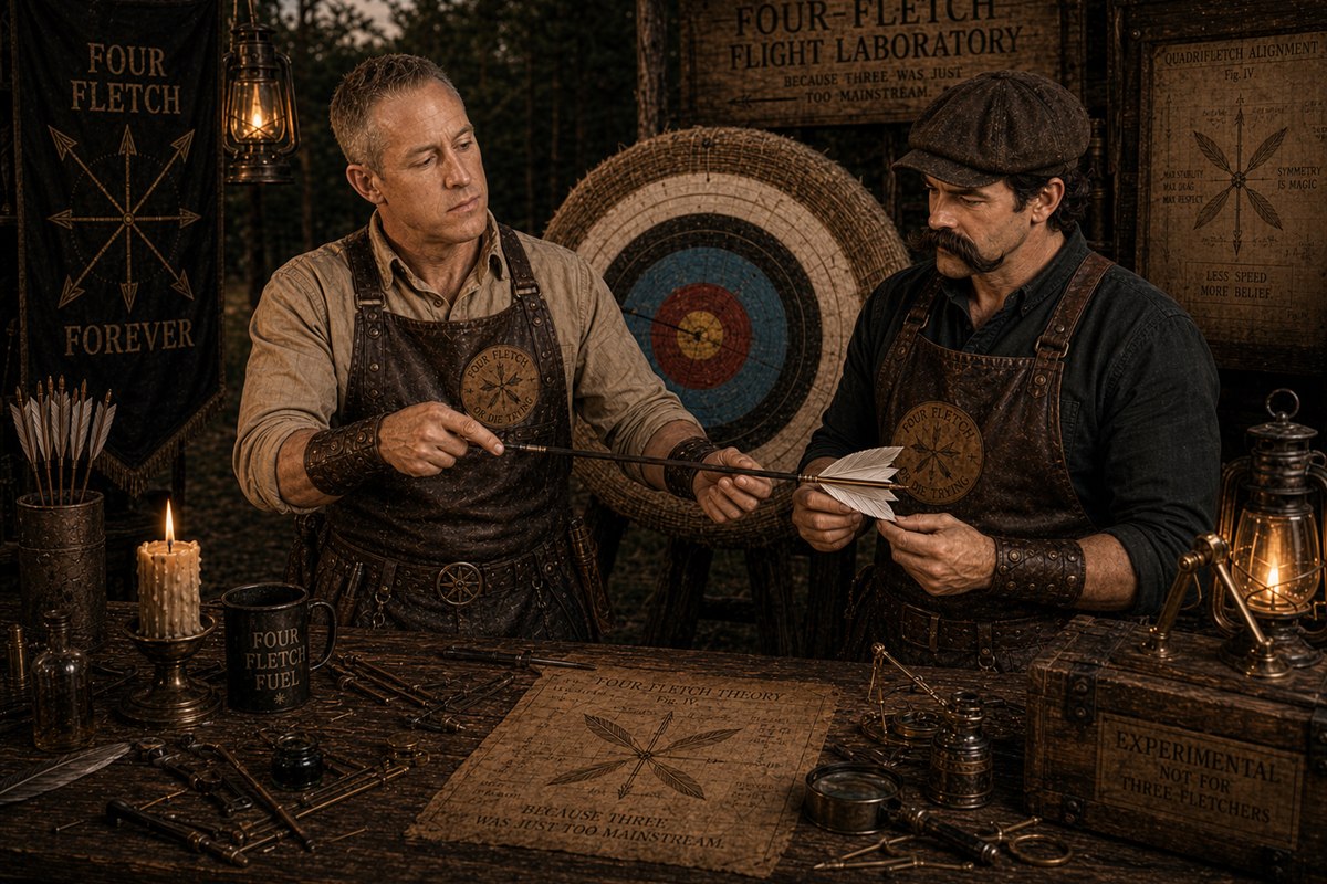 Whitman and Ryan comparing a four-fletch arrow beside the flight-laboratory target board