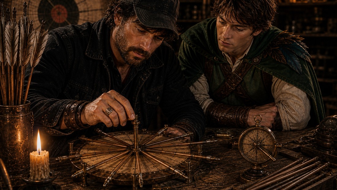 Rax Harlan and Peregrine Featherly comparing the paper tear against a target-board proof