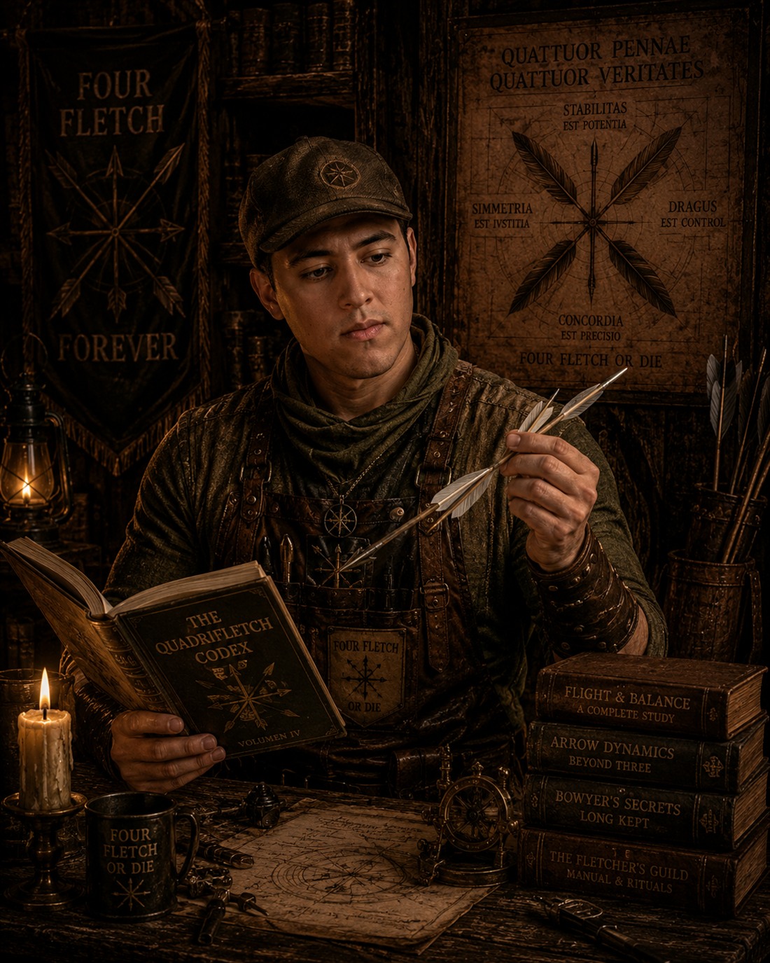 Peregrine Pere Featherly holding the Quadrifletch Codex and a four-fletched arrow