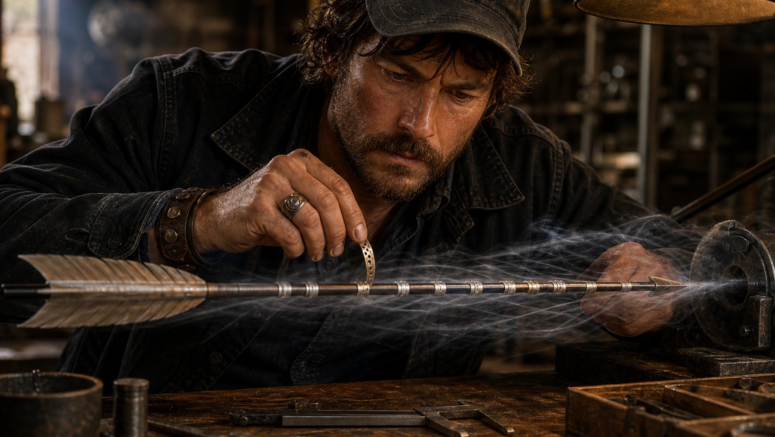 Rax Harlan at the candlelit bench with a four-fletch arrow and a strip of turbulator tape