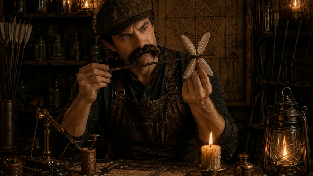 Racks Harlan holding a four-fletched arrow up to the candlelight, inspecting the vanes, with a &lsquo;Quadrifletch Arrow, Fig. IV&rsquo; diagram on the wall behind him