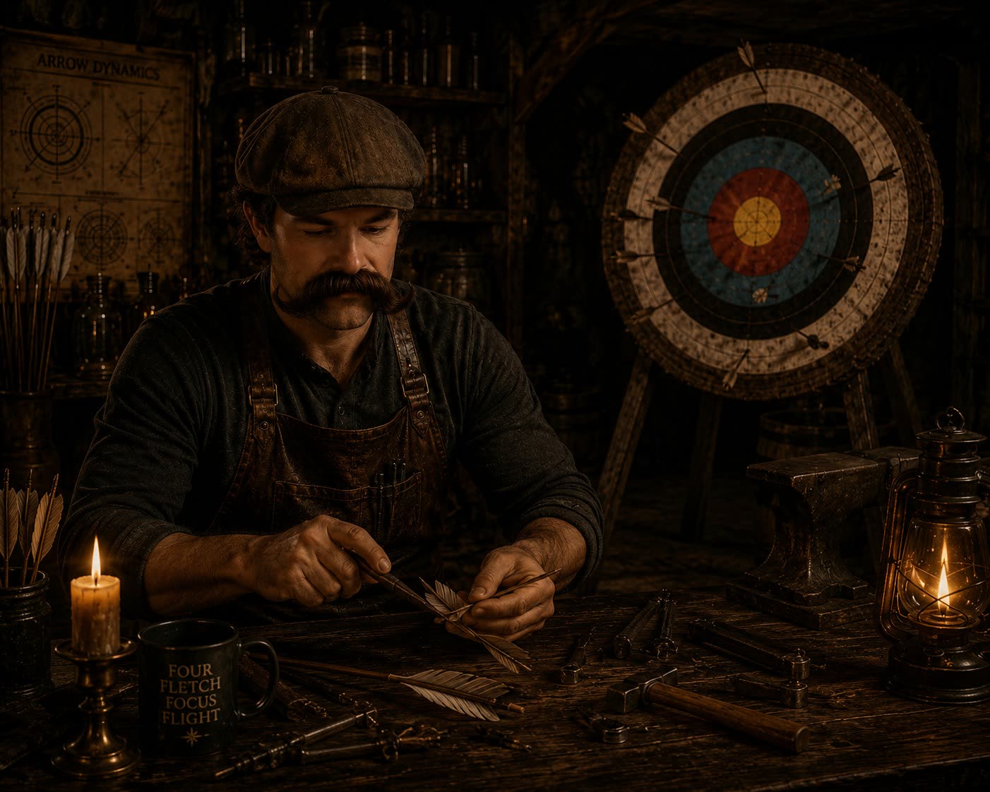 Rax Harlan fletching an arrow at a dark workshop bench with a target and arrow dynamics chart behind him