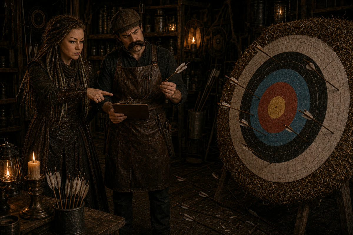 Ravina Quill and Rax Harlan reviewing off-center arrows around an archery target
