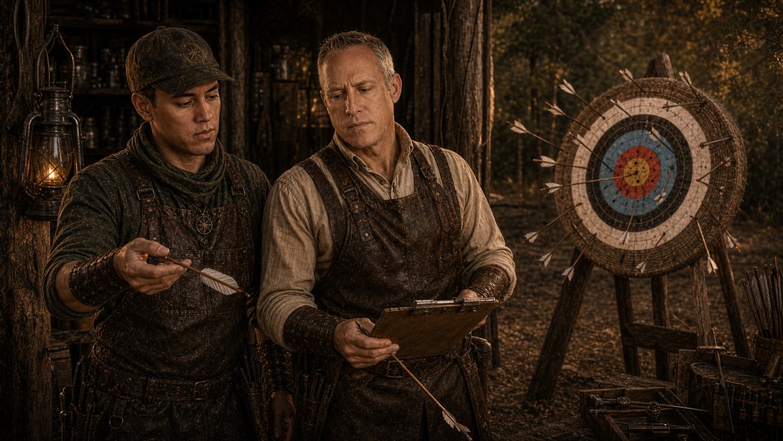 Peregrine Featherly and Whitman reviewing a scattered archery target with arrows away from the center