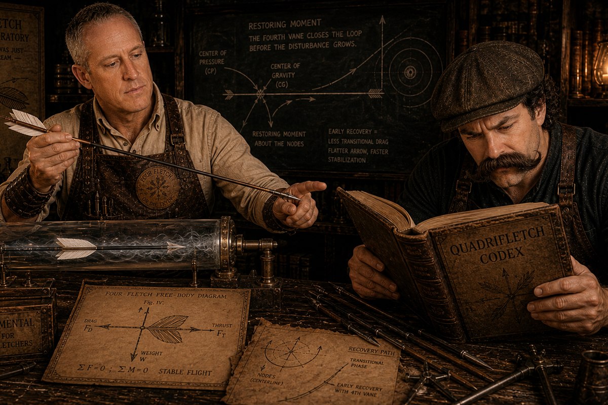 Ryan reading the Quadrifletch Codex intently while Whitman demonstrates a four-fletch recovery path