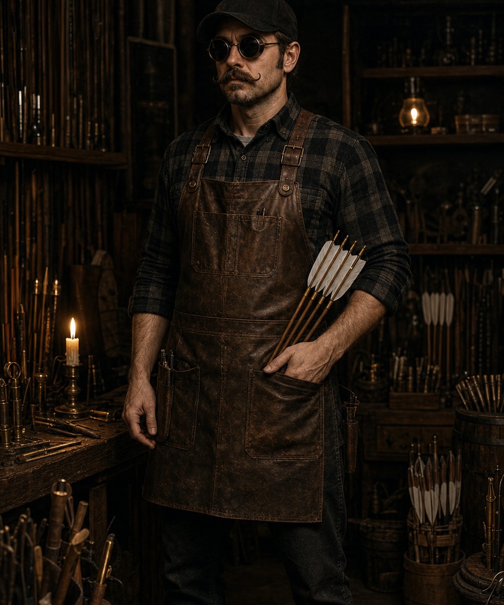 The Keeper at his bench, a bundle of arrows in hand, lit by candle